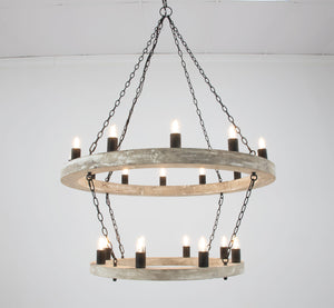 Zeugma Hd123 Stunning Two-tier Chandelier With Antique Wood Finish And Elegant Gold Leaf Accents For Home Décor Natural Oak Finish With Aged Iron Chains And Cluster Wood Frame With Aged Iron Finish Metal Cluster Hd123 Natural Oak & Aged Iron