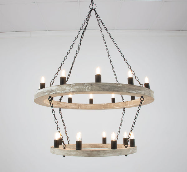Zeugma Hd123 Stunning Two-tier Chandelier With Antique Wood Finish And Elegant Gold Leaf Accents For Home Décor Natural Oak Finish With Aged Iron Chains And Cluster Wood Frame With Aged Iron Finish Metal Cluster Hd123 Natural Oak & Aged Iron