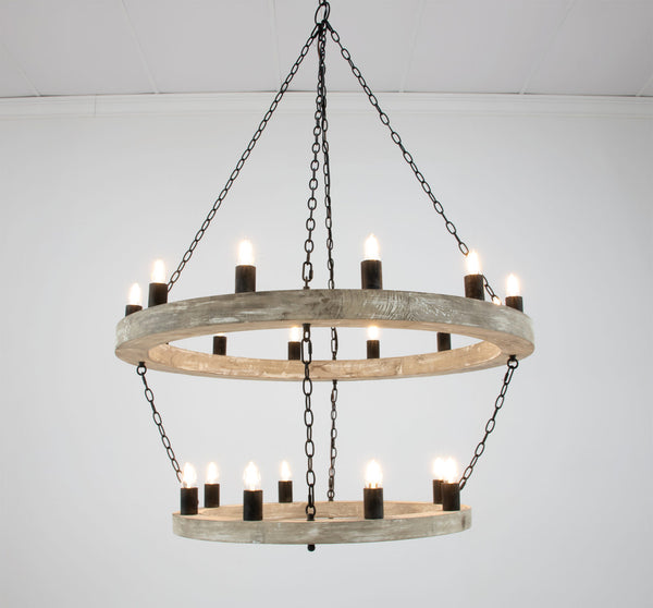 Zeugma Hd123 Stunning Two-tier Chandelier With Antique Wood Finish And Elegant Gold Leaf Accents For Home Décor Natural Oak Finish With Aged Iron Chains And Cluster Wood Frame With Aged Iron Finish Metal Cluster Hd123 Natural Oak & Aged Iron