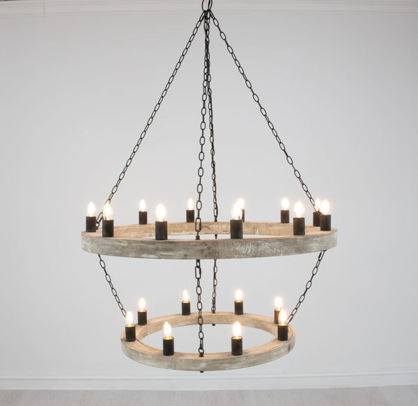 Zeugma Hd123 Stunning Two-tier Chandelier With Antique Wood Finish And Elegant Gold Leaf Accents For Home Décor Natural Oak Finish With Aged Iron Chains And Cluster Wood Frame With Aged Iron Finish Metal Cluster Hd123 Natural Oak & Aged Iron