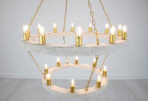 Zeugma Hd123 Stunning Two-tier Chandelier With Antique Wood Finish And Elegant Gold Leaf Accents For Home Décor White Oak Finish With Gold Leaf Wood Frame With Gold Metal Cluster Hd123 White Oak & Gold