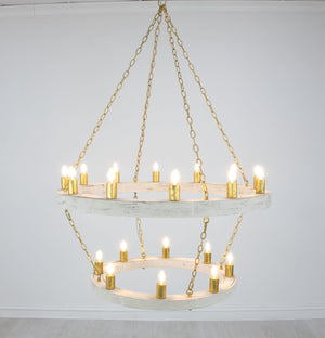 Zeugma Hd123 Stunning Two-tier Chandelier With Antique Wood Finish And Elegant Gold Leaf Accents For Home Décor White Oak Finish With Gold Leaf Wood Frame With Gold Metal Cluster Hd123 White Oak & Gold