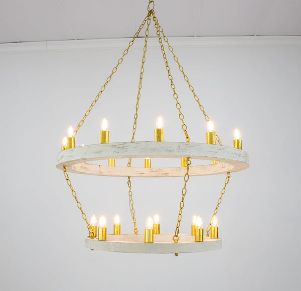 Zeugma Hd123 Stunning Two-tier Chandelier With Antique Wood Finish And Elegant Gold Leaf Accents For Home Décor White Oak Finish With Gold Leaf Wood Frame With Gold Metal Cluster Hd123 White Oak & Gold