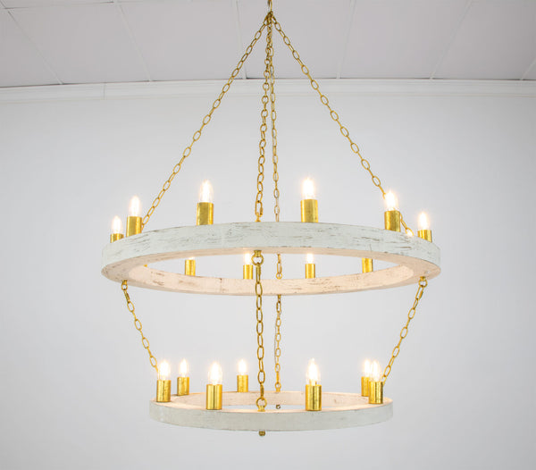 Zeugma Hd123 Stunning Two-tier Chandelier With Antique Wood Finish And Elegant Gold Leaf Accents For Home Décor White Oak Finish With Gold Leaf Wood Frame With Gold Metal Cluster Hd123 White Oak & Gold