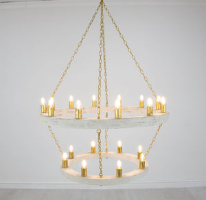 Zeugma Hd123 Stunning Two-tier Chandelier With Antique Wood Finish And Elegant Gold Leaf Accents For Home Décor White Oak Finish With Gold Leaf Wood Frame With Gold Metal Cluster Hd123 White Oak & Gold