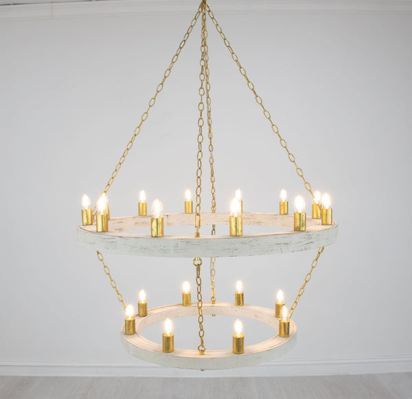 Zeugma Hd123 Stunning Two-tier Chandelier With Antique Wood Finish And Elegant Gold Leaf Accents For Home Décor White Oak Finish With Gold Leaf Wood Frame With Gold Metal Cluster Hd123 White Oak & Gold
