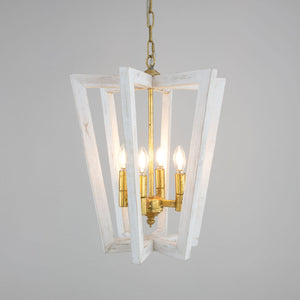 Zeugma Hd133 Elegant Iron-wood Lantern Pendant Light With 4 Bulb Capacity For Stunning Home Ambiance Distressed White Finish With Gold Leaf Iron,Wood Frame Hd133 White Oak And Gold