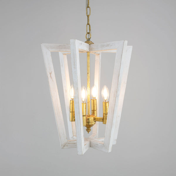 Zeugma Hd133 Elegant Iron-wood Lantern Pendant Light With 4 Bulb Capacity For Stunning Home Ambiance Distressed White Finish With Gold Leaf Iron,Wood Frame Hd133 White Oak And Gold