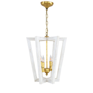 Zeugma Hd133 Elegant Iron-wood Lantern Pendant Light With 4 Bulb Capacity For Stunning Home Ambiance Distressed White Finish With Gold Leaf Iron,Wood Frame Hd133 White Oak And Gold