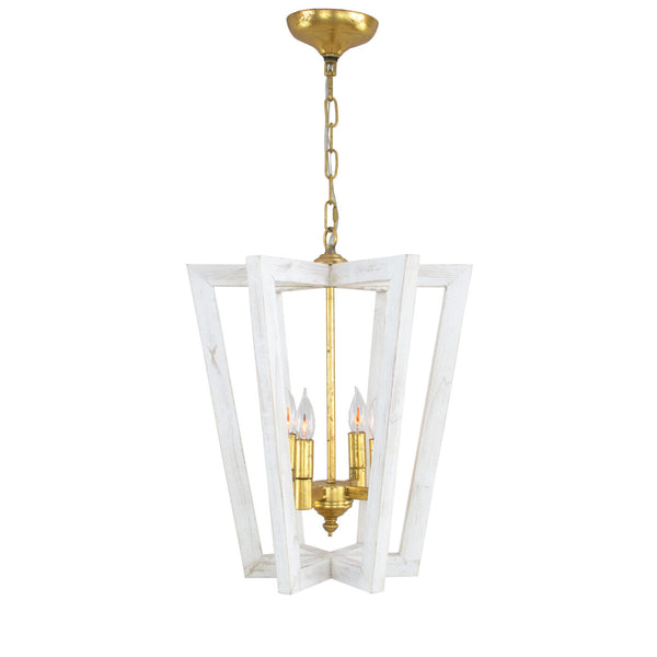 Zeugma Hd133 Elegant Iron-wood Lantern Pendant Light With 4 Bulb Capacity For Stunning Home Ambiance Distressed White Finish With Gold Leaf Iron,Wood Frame Hd133 White Oak And Gold