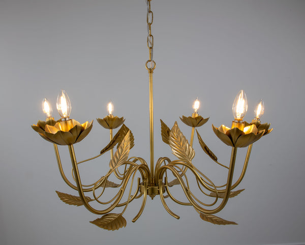 Zeugma Hd147 Luxurious Gold Leaf Chandelier - Large 6-bulb Iron Lighting Fixture With Adjustable Chain Soft Gold Leaf Iron,Metal Frame Hd147 Gold