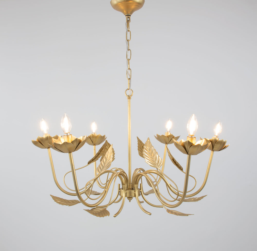 Zeugma Hd147 Luxurious Gold Leaf Chandelier - Large 6-bulb Iron Lighting Fixture With Adjustable Chain Soft Gold Leaf Iron,Metal Frame Hd147 Gold
