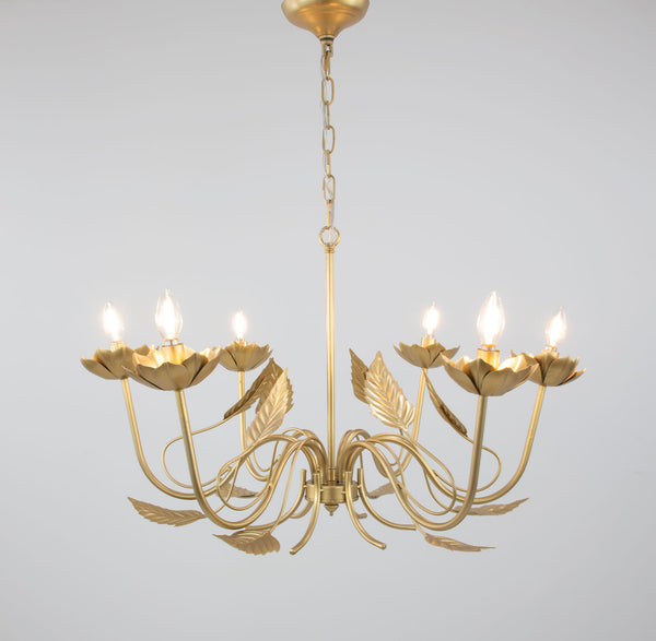 Zeugma Hd147 Luxurious Gold Leaf Chandelier - Large 6-bulb Iron Lighting Fixture With Adjustable Chain Soft Gold Leaf Iron,Metal Frame Hd147 Gold