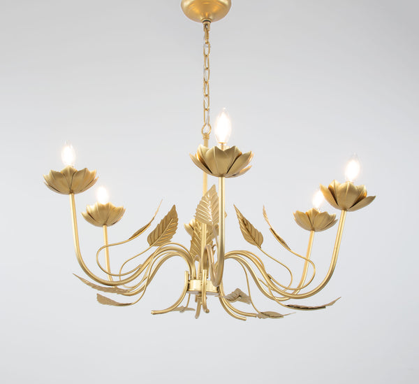 Zeugma Hd147 Luxurious Gold Leaf Chandelier - Large 6-bulb Iron Lighting Fixture With Adjustable Chain Soft Gold Leaf Iron,Metal Frame Hd147 Gold