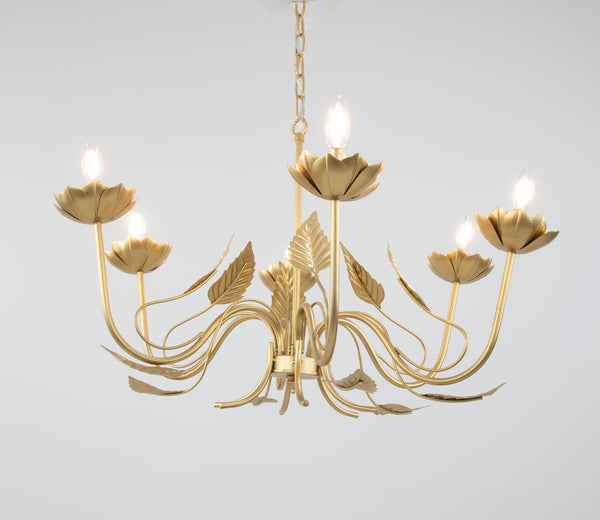 Zeugma Hd147 Luxurious Gold Leaf Chandelier - Large 6-bulb Iron Lighting Fixture With Adjustable Chain Soft Gold Leaf Iron,Metal Frame Hd147 Gold