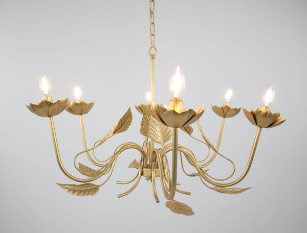 Zeugma Hd147 Luxurious Gold Leaf Chandelier - Large 6-bulb Iron Lighting Fixture With Adjustable Chain Soft Gold Leaf Iron,Metal Frame Hd147 Gold