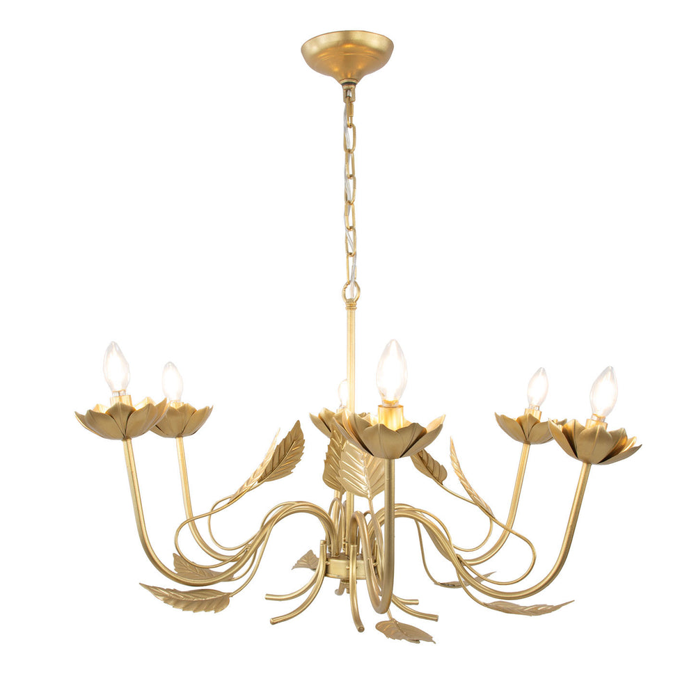 Zeugma Hd147 Luxurious Gold Leaf Chandelier - Large 6-bulb Iron Lighting Fixture With Adjustable Chain Soft Gold Leaf Iron,Metal Frame Hd147 Gold