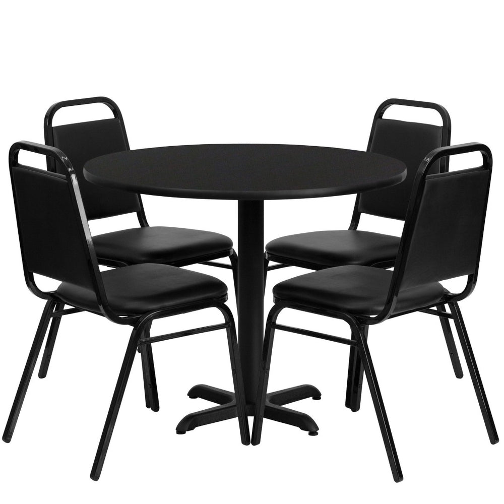 English Elm Carlton Durable Bar-Height Table and Chair Set with X-Base for Commercial and Home Use Comfort Black Top/Black Vinyl Seat 36" Round HDBF1001-GG