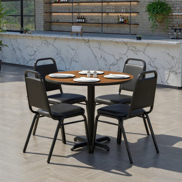 English Elm Carlton Durable Bar-Height Table and Chair Set with X-Base for Commercial and Home Use Comfort Walnut Top/Black Vinyl Seat 36" Round HDBF1004-GG