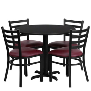 English Elm Carlton Commercial-Grade Dining Set with Durable Laminate Table and Comfortable Metal Chairs, Burgundy Black Top/Burgundy Vinyl Seat 36" Round HDBF1005-GG