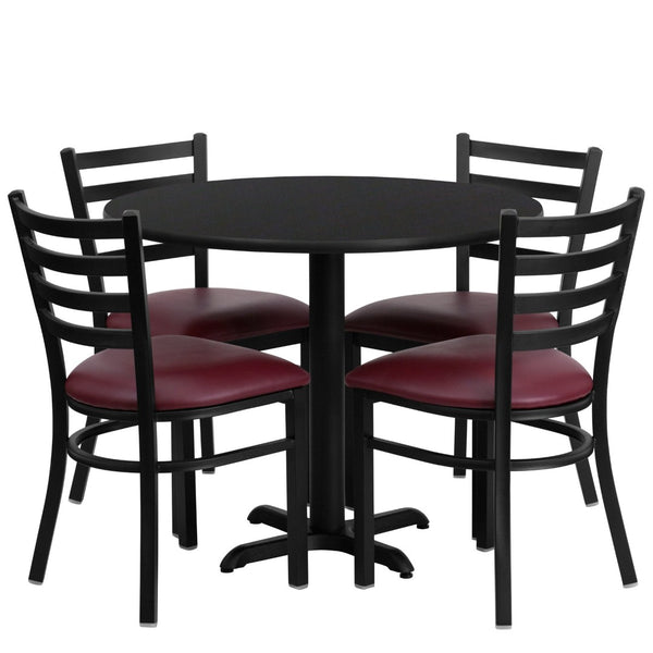 English Elm Carlton Commercial-Grade Dining Set with Durable Laminate Table and Comfortable Metal Chairs, Burgundy Black Top/Burgundy Vinyl Seat 36" Round HDBF1005-GG