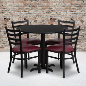 English Elm Carlton Commercial-Grade Dining Set with Durable Laminate Table and Comfortable Metal Chairs, Burgundy Black Top/Burgundy Vinyl Seat 36" Round HDBF1005-GG