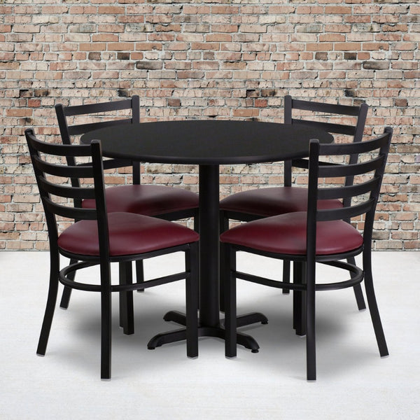 English Elm Carlton Commercial-Grade Dining Set with Durable Laminate Table and Comfortable Metal Chairs, Burgundy Black Top/Burgundy Vinyl Seat 36" Round HDBF1005-GG