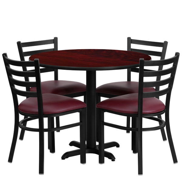 English Elm Carlton Commercial-Grade Dining Set with Durable Laminate Table and Comfortable Metal Chairs, Burgundy Mahogany Top/Burgundy Vinyl Seat 36" Round HDBF1006-GG