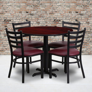 English Elm Carlton Commercial-Grade Dining Set with Durable Laminate Table and Comfortable Metal Chairs, Burgundy Mahogany Top/Burgundy Vinyl Seat 36" Round HDBF1006-GG