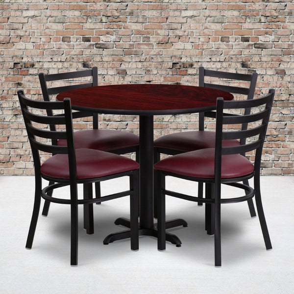 English Elm Carlton Commercial-Grade Dining Set with Durable Laminate Table and Comfortable Metal Chairs, Burgundy Mahogany Top/Burgundy Vinyl Seat 36" Round HDBF1006-GG