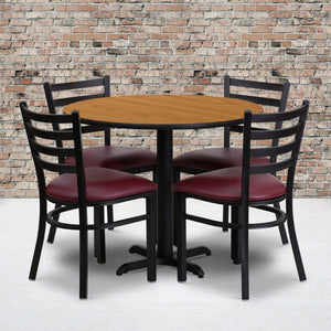 English Elm Carlton Commercial-Grade Dining Set with Durable Laminate Table and Comfortable Metal Chairs, Burgundy Natural Top/Burgundy Vinyl Seat 36" Round HDBF1007-GG