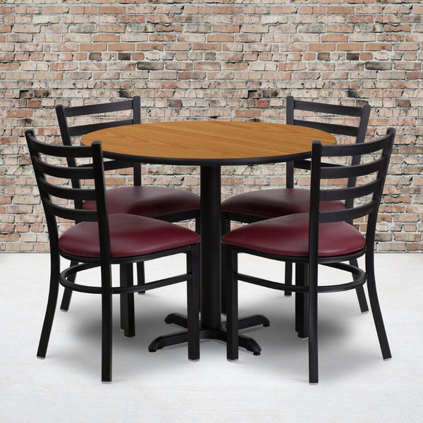 English Elm Carlton Commercial-Grade Dining Set with Durable Laminate Table and Comfortable Metal Chairs, Burgundy Natural Top/Burgundy Vinyl Seat 36" Round HDBF1007-GG