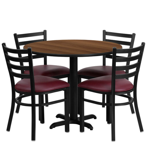 English Elm Carlton Commercial-Grade Dining Set with Durable Laminate Table and Comfortable Metal Chairs, Burgundy Walnut Top/Burgundy Vinyl Seat 36" Round HDBF1008-GG