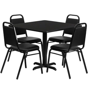 English Elm Carlton Banquet Table Set with X-Base & 4 Trapezoid-Back Chairs for Effortless Entertaining Black Top/Black Vinyl Seat 36" Square HDBF1009-GG