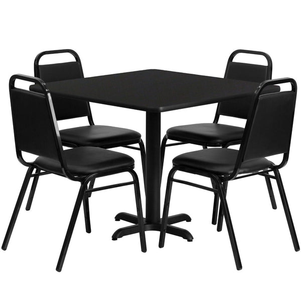 English Elm Carlton Banquet Table Set with X-Base & 4 Trapezoid-Back Chairs for Effortless Entertaining Black Top/Black Vinyl Seat 36" Square HDBF1009-GG
