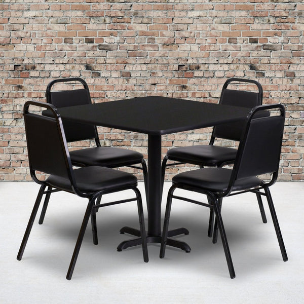English Elm Carlton Banquet Table Set with X-Base & 4 Trapezoid-Back Chairs for Effortless Entertaining Black Top/Black Vinyl Seat 36" Square HDBF1009-GG