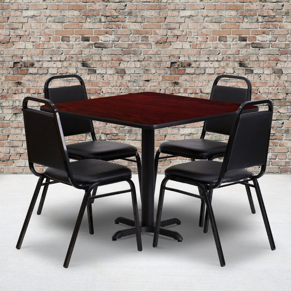 English Elm Carlton Banquet Table Set with X-Base & 4 Trapezoid-Back Chairs for Effortless Entertaining Mahogany Top/Black Vinyl Seat 36" Square HDBF1010-GG
