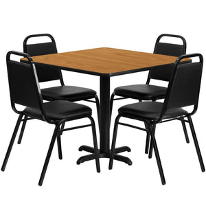 English Elm Carlton Banquet Table Set with X-Base & 4 Trapezoid-Back Chairs for Effortless Entertaining Natural Top/Black Vinyl Seat 36" Square HDBF1011-GG