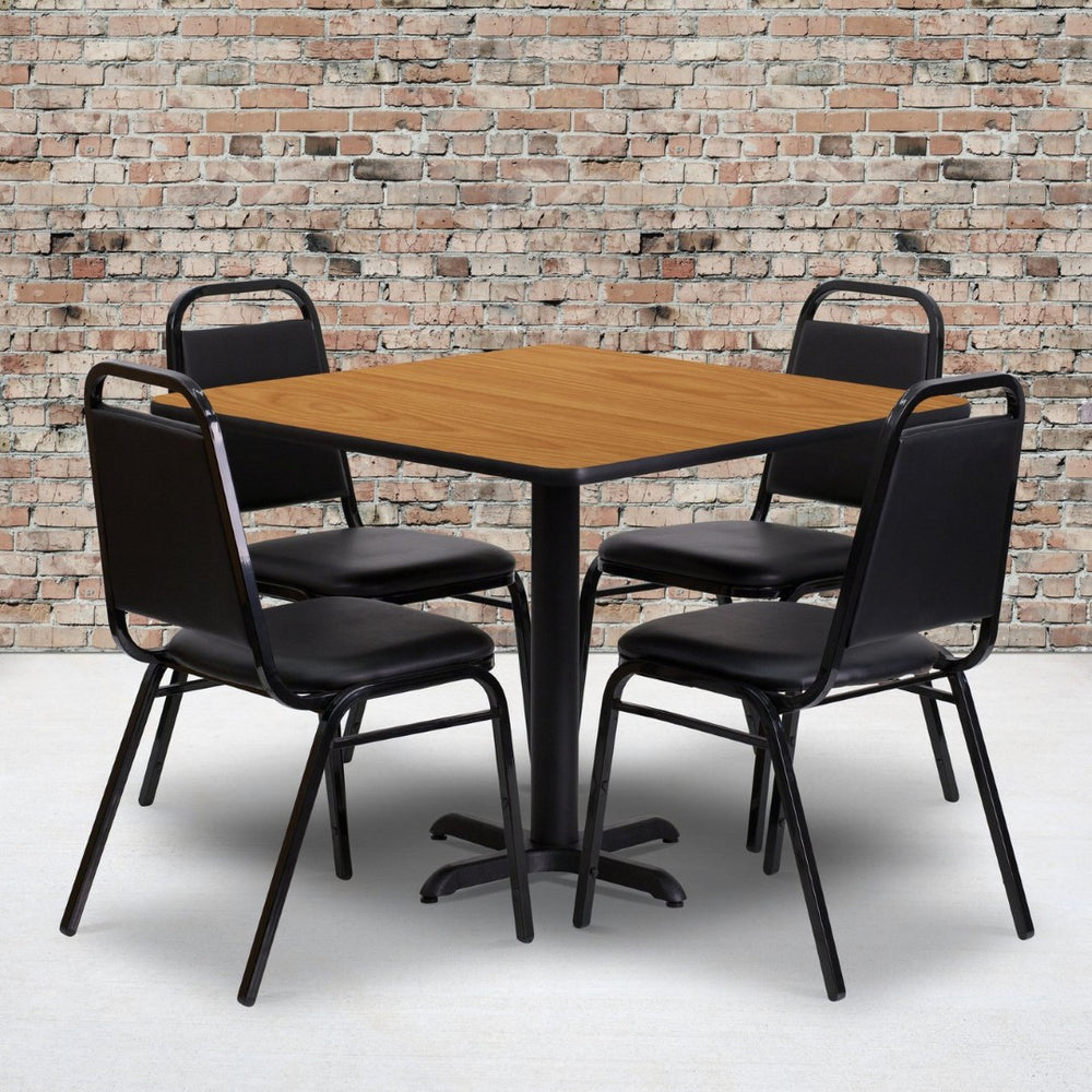 English Elm Carlton Banquet Table Set with X-Base & 4 Trapezoid-Back Chairs for Effortless Entertaining Natural Top/Black Vinyl Seat 36" Square HDBF1011-GG