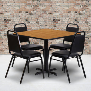 English Elm Carlton Banquet Table Set with X-Base & 4 Trapezoid-Back Chairs for Effortless Entertaining Natural Top/Black Vinyl Seat 36" Square HDBF1011-GG