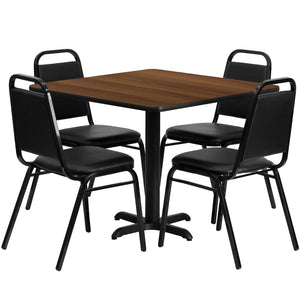 English Elm Carlton Banquet Table Set with X-Base & 4 Trapezoid-Back Chairs for Effortless Entertaining Walnut Top/Black Vinyl Seat 36" Square HDBF1012-GG