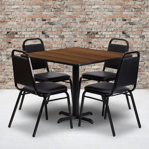 English Elm Carlton Banquet Table Set with X-Base & 4 Trapezoid-Back Chairs for Effortless Entertaining Walnut Top/Black Vinyl Seat 36" Square HDBF1012-GG
