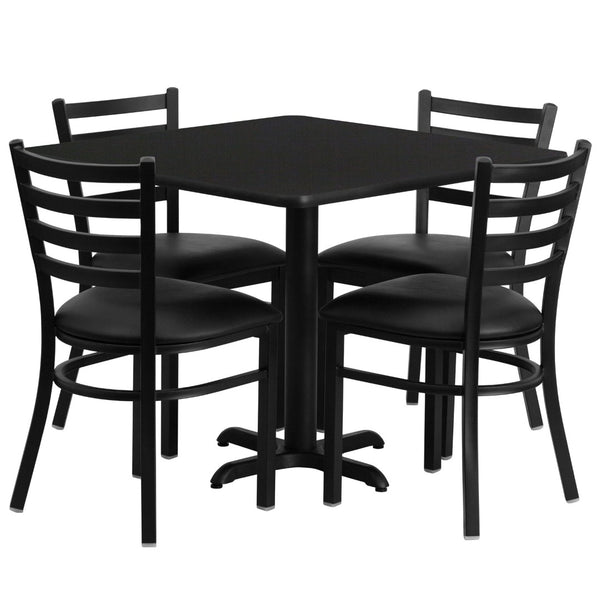 English Elm Carlton Stylish Banquet Table Set with Durable X-Base and Four Comfortable Ladder Back Chairs Black Top/Black Vinyl Seat 36" Square HDBF1013-GG