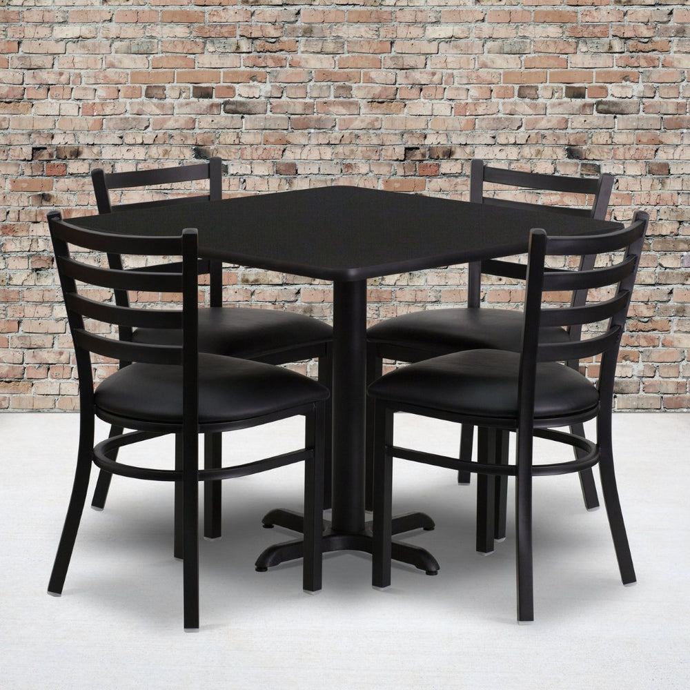 English Elm Carlton Stylish Banquet Table Set with Durable X-Base and Four Comfortable Ladder Back Chairs Black Top/Black Vinyl Seat 36" Square HDBF1013-GG