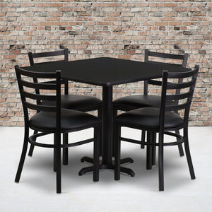 English Elm Carlton Stylish Banquet Table Set with Durable X-Base and Four Comfortable Ladder Back Chairs Black Top/Black Vinyl Seat 36" Square HDBF1013-GG