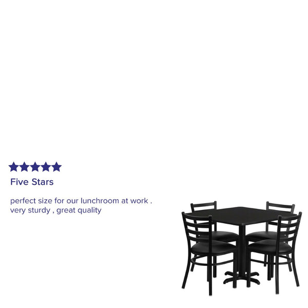 English Elm Carlton Stylish Banquet Table Set with Durable X-Base and Four Comfortable Ladder Back Chairs Black Top/Black Vinyl Seat 36" Square HDBF1013-GG
