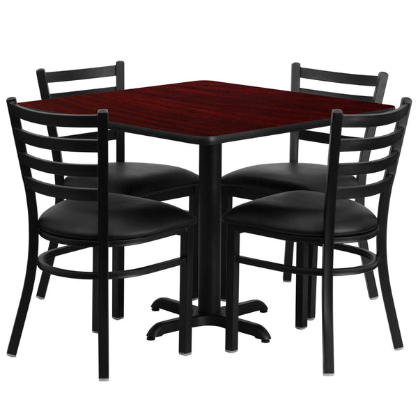 English Elm Carlton Stylish Banquet Table Set with Durable X-Base and Four Comfortable Ladder Back Chairs Mahogany Top/Black Vinyl Seat 36" Square HDBF1014-GG