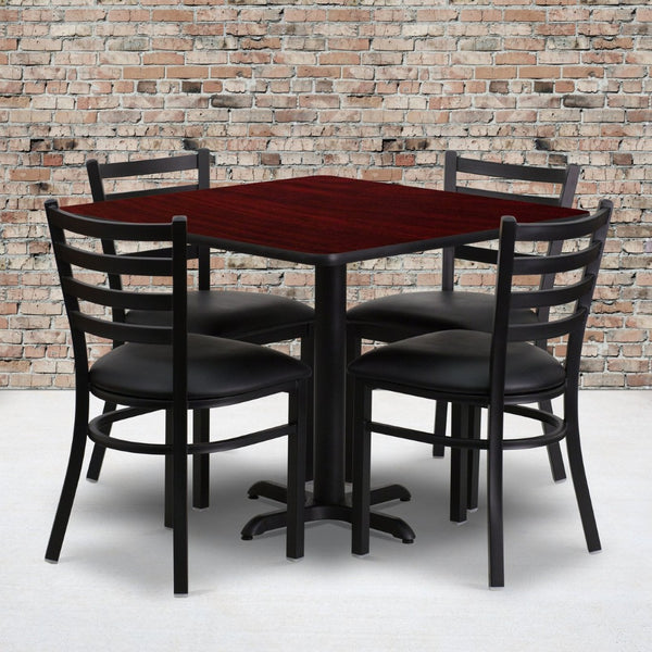English Elm Carlton Stylish Banquet Table Set with Durable X-Base and Four Comfortable Ladder Back Chairs Mahogany Top/Black Vinyl Seat 36" Square HDBF1014-GG