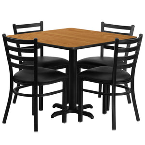 English Elm Carlton Stylish Banquet Table Set with Durable X-Base and Four Comfortable Ladder Back Chairs Natural Top/Black Vinyl Seat 36" Square HDBF1015-GG