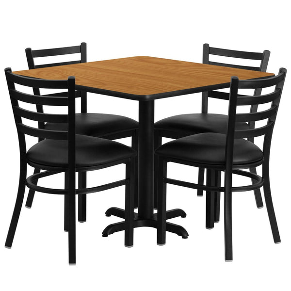 English Elm Carlton Stylish Banquet Table Set with Durable X-Base and Four Comfortable Ladder Back Chairs Natural Top/Black Vinyl Seat 36" Square HDBF1015-GG
